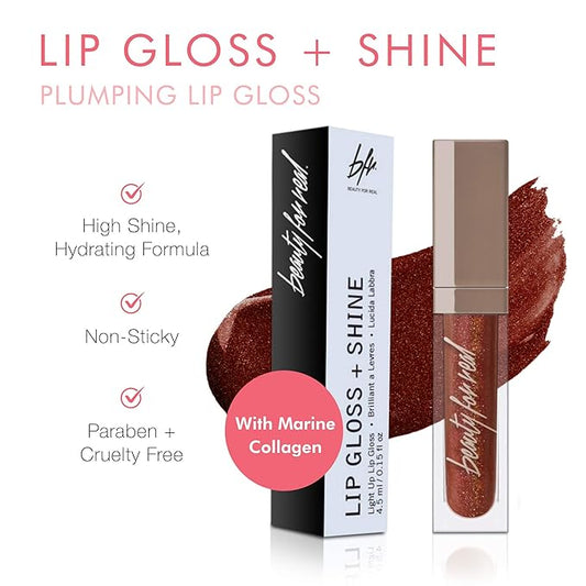 Beauty For Real Lip Gloss + Shine, Rebel Rebel - Deep Maroon Metallic - Non-Sticky Plumping & Hydrating Gloss - Light & Mirror In Cap - Contains Marine Collagen - 0.15 fl oz