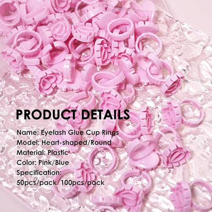 100 Pieces Lash Glue Rings, 2 in 1 Holder Open Ring(Simple Packaging)-(Pink Heart Shape)