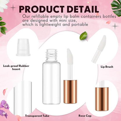 Jinei 150 Pcs Clear Empty Lip Balm Bottles 1.2ml Mini Lip Gloss Tubes, Refillable Containers Transparent Plastic Clear Lipstick Tubes for Girl Women DIY Makeup Sample Travel(Rose Gold)