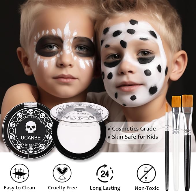 UCANBE Black White Face Body Paint with Painting Brush Kit, Cream-to-Powder Goth White Foundation + Black Greasepaint for Kids & Adult Halloween, SFX Makeup Set for Clown Skull Mime Cosplay & Costume