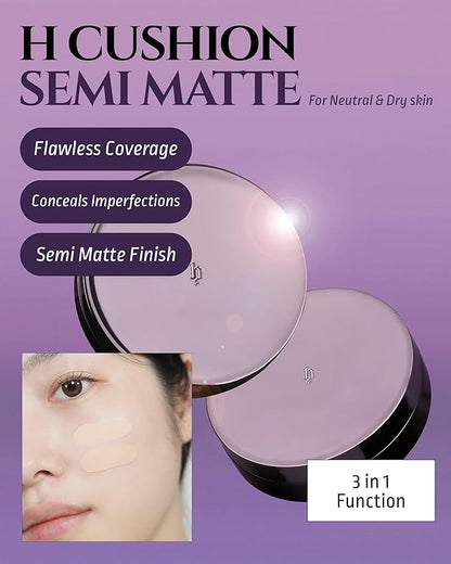 HEVVYMAKEUP H Cushion Semi Matte No.23 Medium Begie - Korean Makeup All Day Flawless Coverage Foundation for Neutral Dry Skin - Poreless Airy Weightless Coverage, 0.35oz.