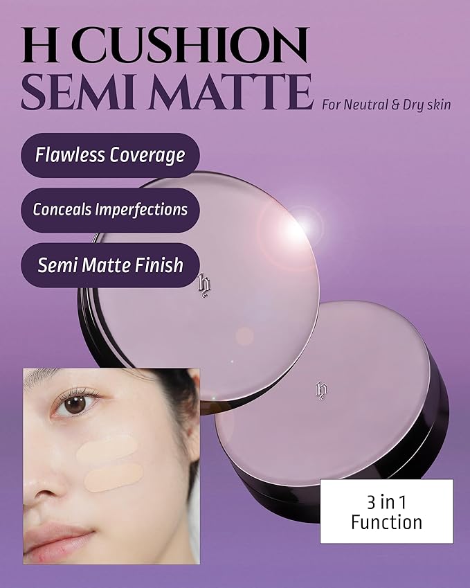 HEVVYMAKEUP H Cushion Semi Matte No.21 Light Begie - Korean Makeup All Day Flawless Coverage Foundation for Neutral Dry Skin - Poreless Airy Weightless Coverage, 0.35oz.