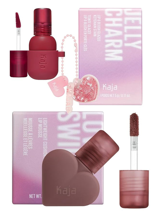 Kaja Lip & Blush Glazed Keychain Stain - Jelly Charm 02 Squeeze Guava + Lip Mousse - Love Swipe 04 Swipe Right, 0.22 Oz Bundle
