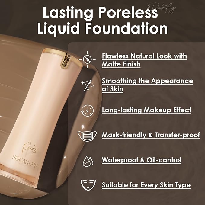 FOCALLURE PerfectBase Lasting Poreless Liquid Foundation, Medium to Full Coverage with Matte Finish, Covers Blemishes & Under-Eye Circles for All Skin Types, YL23 ALMOND