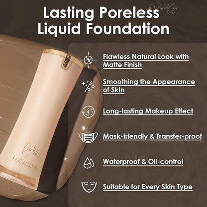 FOCALLURE PerfectBase Lasting Poreless Liquid Foundation, Medium to Full Coverage with Matte Finish, Covers Blemishes & Under-Eye Circles for All Skin Types, YL23 ALMOND