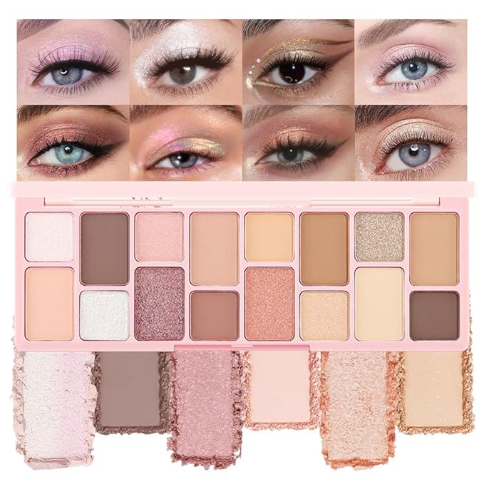 16 Color Pink Champange Brown Gold Colorful Matte Glitter Shimmer Eyeshadow Palette with Mirror for Eye Makeup,Highly Pigmented Korean Natural Rainbow Eye Shadow palette,Blendable-06