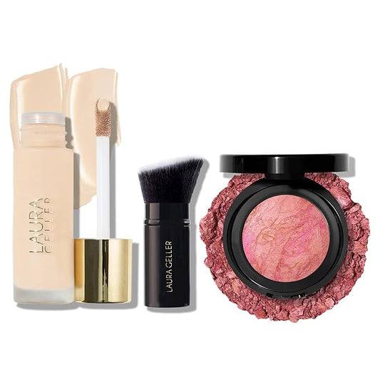 LAURA GELLER NEW YORK The Classic Matte Look - Liquid (3 Piece) Double Take Liquid Foundation Porcelain, Retractable Kabuki Brush, Baked Blush-n-Brighten Pink Buttercream