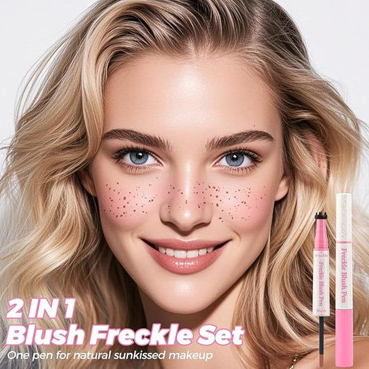 Erinde Natural Freckle Blush Pen, 2 in 1 Light Brown Liquid Freckle Stamp & Soft Pink Liquid Blush for Cheeks, Long Lasting Waterproof Freckles Tattoo Marker for Natural Sunkissed Makeup, 01