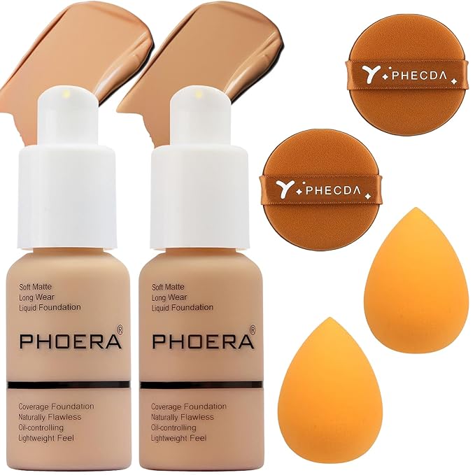 Foundation Makeup Set, 2Pcs Flawless Foundation and Makeup Spong Set for Natural Look, Waterproof, Medium Coverage, Matte Finish, Oil-Control, Odorless, Super Stay Up to 12 Hour (104 &105)