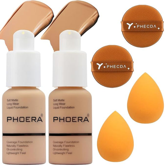 Foundation Makeup Set, 2Pcs Flawless Foundation and Makeup Spong Set for Natural Look, Waterproof, Medium Coverage, Matte Finish, Oil-Control, Odorless, Super Stay Up to 12 Hour (104 &105)