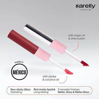 SARELLY CREATIVO LAB | Duo Telenovela Lips Matte & Gloss Lip Kit | Hydrating Red Lipstick + Non-Sticky Gloss | Cruelty Free