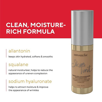 Mirabella Skin Tint Creme Liquid Foundation Makeup, Oil-Free Mineral Foundation for Medium Coverage - w/Hyaluronic Acid, Squalane, & Allantoin for All Skin Types - IIIN Neutral