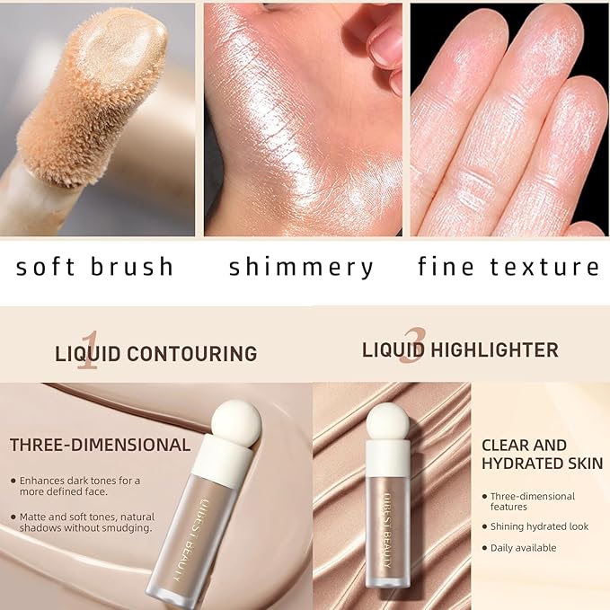 MEICOLY Soft Pinch Liquid Blush & Dewy Cheek Tint, Matte Finish Liquid Contour, Highlight Bronzer Stick Set - Pearl White Highlighter + Rose Pink Blush + Contour