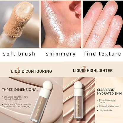 MEICOLY Soft Pinch Liquid Blush & Dewy Cheek Tint, Matte Finish Liquid Contour, Highlight Bronzer Stick Set - Pearl White Highlighter + Rose Pink Blush + Contour