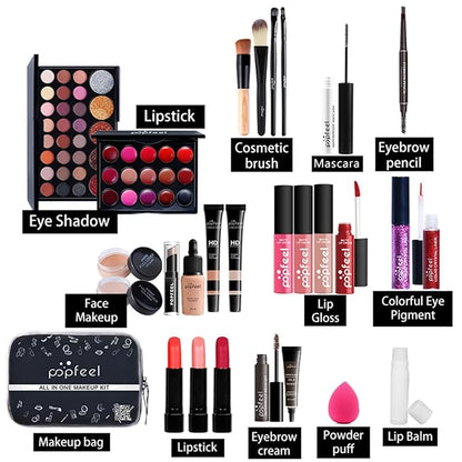 Pure Vie All-in-One Holiday Gift Surprise Makeup Set Essential Starter Bundle Include Eyeshadow Palette Lipstick Concealer Blush Mascara Eyeliner Face Powder Lipgloss Brush - Full Makeup Kit for Women