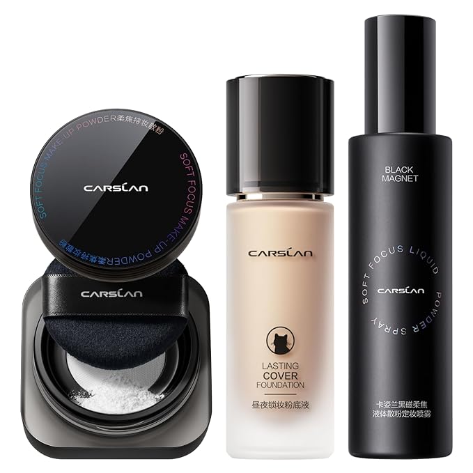 Black Magnet Soft Focus Powder+24H Longlasting Cover Liquid Foundation Makeup+Setting Spray, Summer Longwear Matte Face Makeup Set