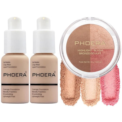 PHOERA Foundation, Contour Palette, Shades With Highlighter, Bronzer & Blush, Makeup Lightweight Long Lasting Wrinkles Matte Natural Finish (102+102+ #002 Contour/Nude+ Nude+#002)