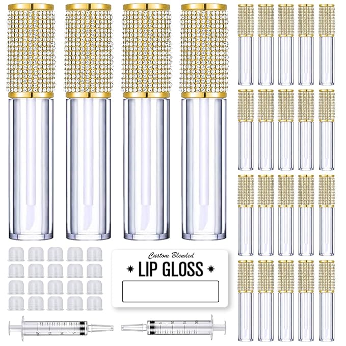 AMORIX 24 Pack Gold Crystal Lip Gloss Tubes with Wand 5ml Empty Lip Gloss Containers Lipgloss Bottles with Stoppers 2pcs Syringes + Labels for DIY Lip Gloss Balm