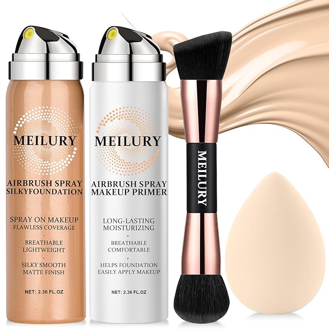 AirBrush Foundation Spray Set, Spray Foundation Makeup and Hydrating Face Air Primer Kit, Longwear Waterproof Liquid Matte Foundation Mist for Flawless Look (03 Nude)