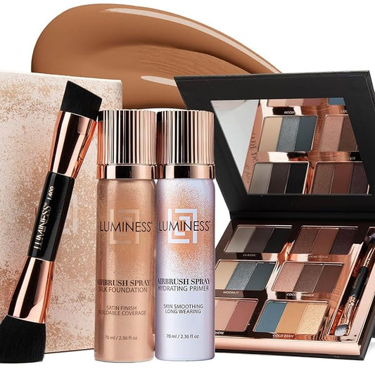LUMINESS Airbrush Flawless 4-PC Makeup Kit - Includes Eyeshadow Palette, Airbrush Foundation, Primer & Makeup Brushes - Long-Lasting, Silky, Easy to Blend Make Up Set, Travel Size (10 - Tan)