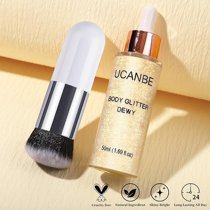 UCANBE Face Body Glitter Liquid Highlighter Illuminator Dewy Drops with Makeup Brush, Makeup Sparkle Shine Luminizer Enhancer Skin Tint 50ml/1.69oz (01 Champagne Gold, Standard)