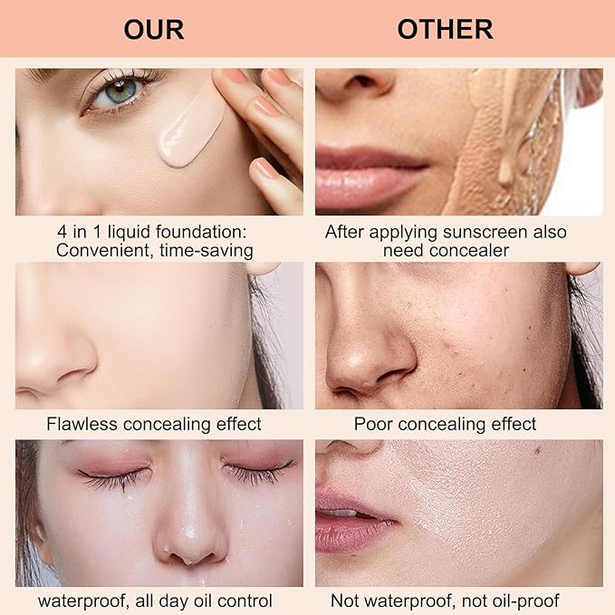 4 in 1 Foundation Liquid, Medium Coverage Foundation Makeup with Flawless Finish - Longwear & Waterproof - Moisturizing, Hydrating & Lightweight Foundation for All Skin Types, Vegan & Cruelty-Free