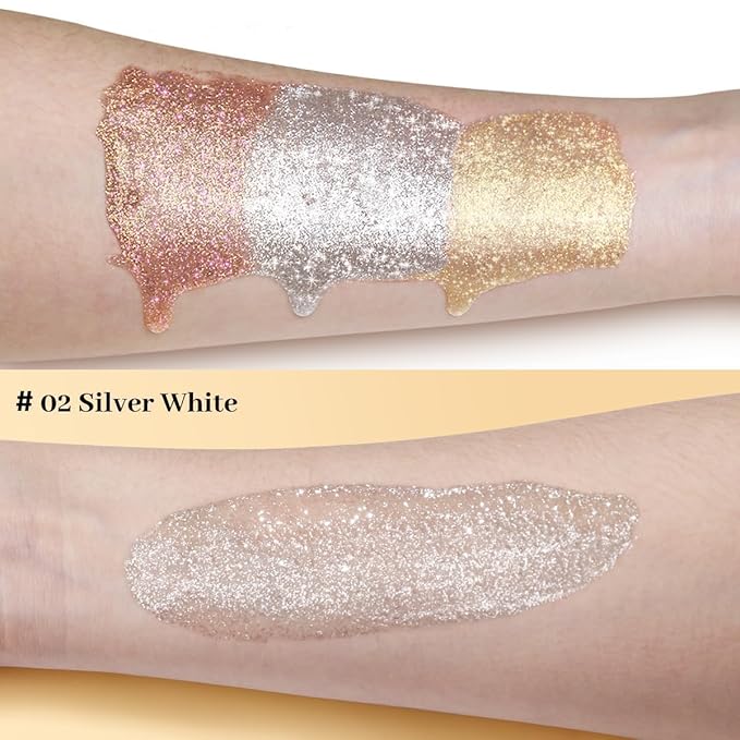 UCANBE Face Body Glitter Liquid Highlighter Illuminator Dewy Drops with Makeup Brush, Makeup Sparkle Shine Luminizer Enhancer Skin Body Shimmer Tint 50ml/1.69oz (02 Silver Fairy White, Standard)