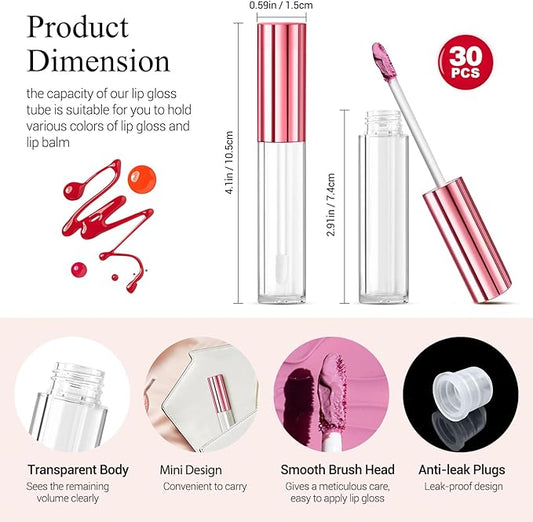 KPX 30 Pcs lip Gloss Tube Containers Bulk Wand 10ml Empty Clear Pink Lip Oil Tubes Refillable Lip Balm Bottles with Rubber Insert for DIY Makeup Such as Lip Samples, Homemade Lip Balm(Pink)