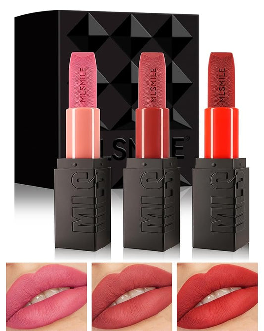 3 Pcs Matte Lipstick for Women Set,Rose Pink Nude Pink Bright Red Nude Matte Lipstick Long-Lasting Lip Makeup,Waterproof Smudge Proof Velvet Lip Gloss 24 Hours Lip Stick Lip Color Gift for Girls-Set A