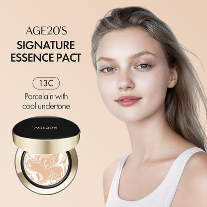 AGE20'S Signature Essence Pact SPF 50+ | Pack of 1 | 13C PORCELAIN | Cream Foundation, Dewy Finish, Natural Coverage | Korean Cushion Foundation