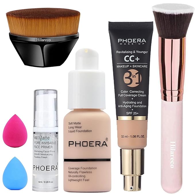 Hilareco PHOERA Foundation,PHOERA CC Cream Foundation Color Correcting Anti Aging Hydrating Serum &SPF 25+,PHOERA Primer, PHOERA Makeup Foundation, Makeup Brushes (101 Porcelain+120 Nude CC Cream)