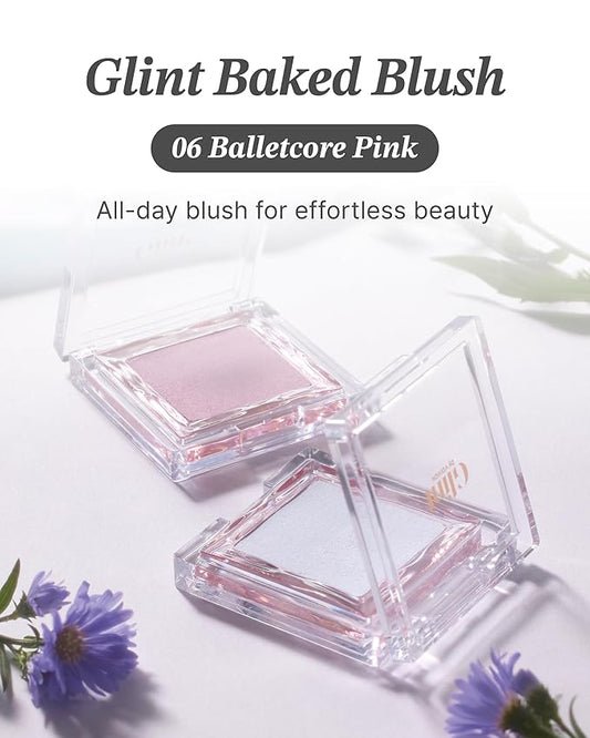 Glint Baked Blush (Balletcore Pink, 0.08oz) - Long-Lasting, All-Day Face Blush Powder for a Natural Look. Korean Skin Care, Korean Makeup. Blendable Color for Eyes, Cheeks & Body.