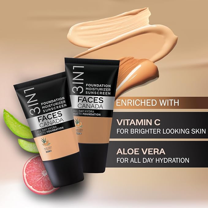 Faces Canada 3-in-1 Matte Foundation with SPF 30 | Lightweight Hydrating Formula with Aloe Vera & Vitamin C | Long-Lasting Medium Coverage Makeup & Sun Protection | 0.51 Fl Oz (15ml)