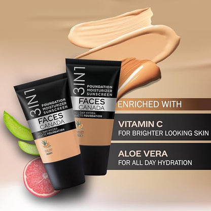 Faces Canada 3-in-1 Matte Foundation with SPF 30 | Lightweight Hydrating Formula with Aloe Vera & Vitamin C | Long-Lasting Medium Coverage Makeup & Sun Protection | 0.51 Fl Oz (15ml)