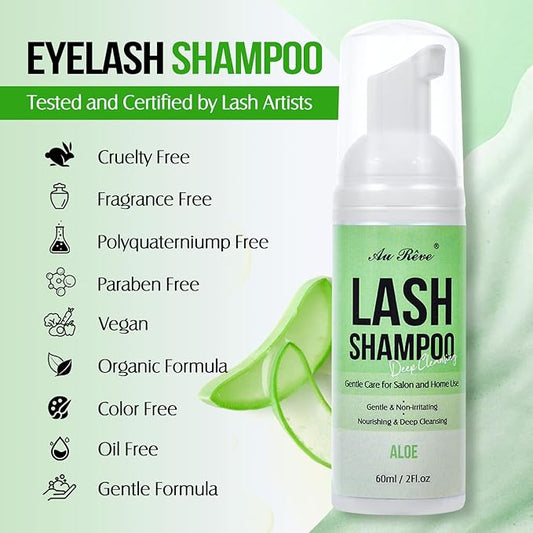 Lash Shampoo for Lash Extensions 60 Ml/2fl.oz Eyelash Extension Cleanser Oil Free Lash Cleanser for Eyelash Care, Gentle Foaming Eyelash Shampoo with Brush for Salon Home Care (Aloe 60ml)