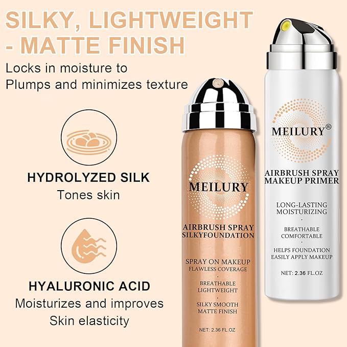 AirBrush Foundation Spray Set, Spray Foundation Makeup and Hydrating Face Air Primer Kit, Longwear Waterproof Liquid Matte Foundation Mist for Flawless Look (02 Beige)