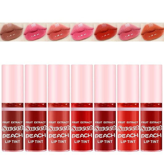 7 Colors Peach Lip Tint Stain Set, Korean Mini Liquid Lipstick, Lip Gloss Moisturizing Natural, Multi-Use Lip and Cheek Tint, Long lasting Non-Stick Cup Waterproof，High Pigment (SET C)