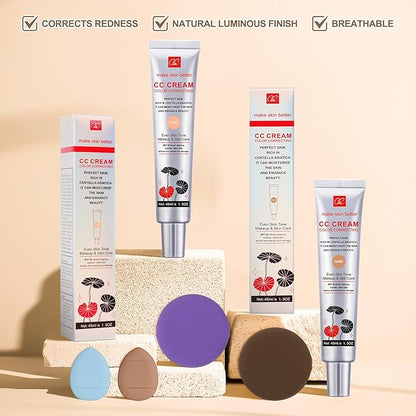 Color Correcting CC Cream with Powder Puff 【SPF 25】, Light & Hydrating CC Cream Foundation with Centella Asiatica, Multi-Purpose for Even Skin Tone, Refine Skin Texture, SPF Protection (Dark)