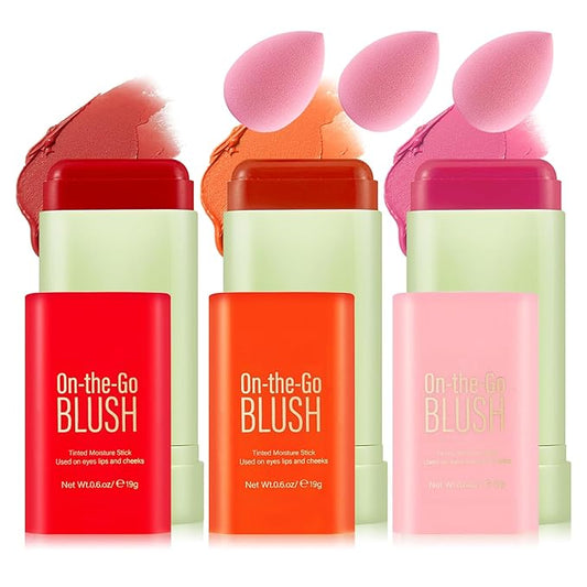 3 Colors Blush Stick with Makeup Sponges,Matte Solid Cream Blush,Multi-Use Blush Stick for Cheeks,Lips and Eye,High Pigmented Blush Makeup Stick Set