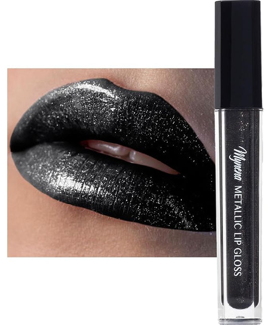 Mynena Black Glitter Lip Gloss Non-Sticky Filled with Iridescent Sparkles | Lightweight Shimmer Lip Topper – Paraben-Free | Demi-Sheer Lipgloss from Cosplay to Everyday Glam | Ebony