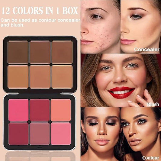 6 Colors Cream Blush & Concealer Contour Palette, Carla Secret Makeup Palette with 11 Pcs Makeup Brush Set, Long Wearing Blendable Full Coverage Foundation