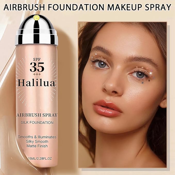 Sunscreen Airbrush Foundation Makeup Spray with Brush, SPF 35, Full Coverage Airbrush Foundation for Smooth Radiant Finish, Silky Concealer Mist Spray Makeup, Long-lasting & Waterproof (Beige)