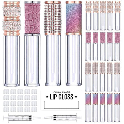 AMORIX 20 Pack Diamond Lip Gloss Tubes with Wand 5ml Empty Rhinestone Cute Lipgloss Bottles/Containers Crystal Lip Gloss Supplies Kit + 2pcs Syringes + Labels for DIY Lip Gloss Base