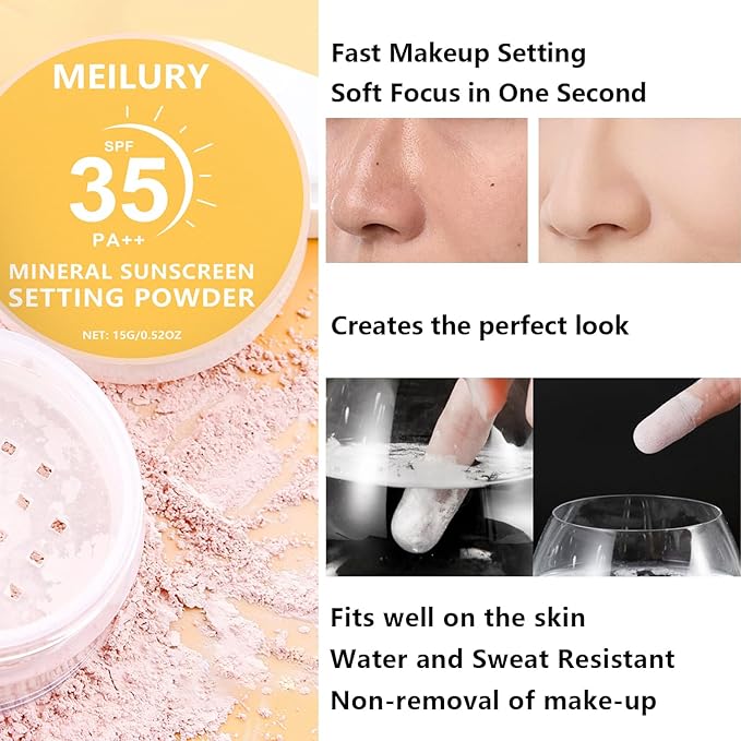Sunscreen Setting Powder SPF 35, Translucent Face Loose Powder for Face & Scalp, Oil Control Mineral Powder Natural Matte Finish Sheer Coverage Lasting Lightweight Breathable (03 White)