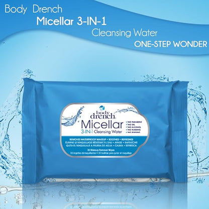 Body Drench 3-in-1 Micellar Water Makeup Remover Wipes – Removes Waterproof Makeup, Facial Cleanser, 30 Ct. (6 Pack)