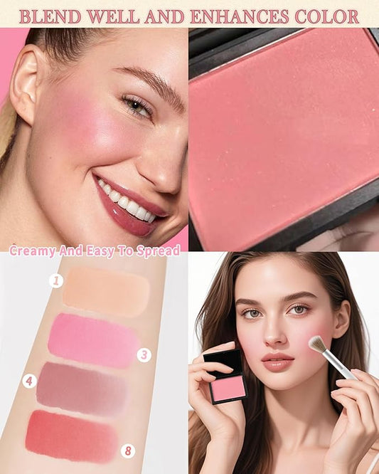 Matte Blush Powder for Cheeks,Contour Blusher Palette with Brush,High Pigment Lightweight Buildable Color, Waterproof Long-lasting Facial Makeup,Mother's Day Gifts for Women Girl-08# Ambience Red