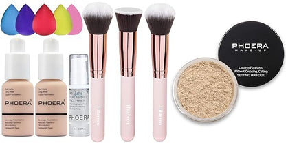 PHOERA Foundation Makeup for Wome Full Coverage Foundation Set,Face Primer Foundation Brush Powder Brush, PHOERA Foundation Face Powder, Soft Focus Setting Powder