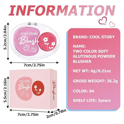 Dual-Tone Face Blush Palette for Cheeks - Waterproof, Long-Lasting, Satin Finish, Creamy Texture, Sculpting, All Skin Tones, Squalane, Highlighting, for Home, Travel, Makeup 2 Tone Tint 4#