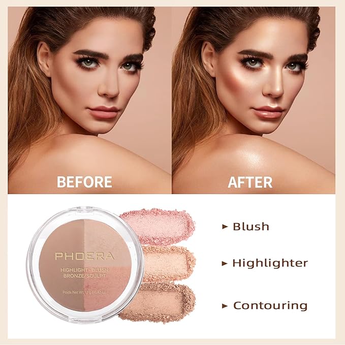 PHOERA Foundation, PHOERA Contour Palette,Shades with Highlighter & Bronzer & Blush,PHOERA Makeup Lightweight Long Lasting Wrinkles Matte Natural Finish (103+ #002 Contour/Warm peach+#002)