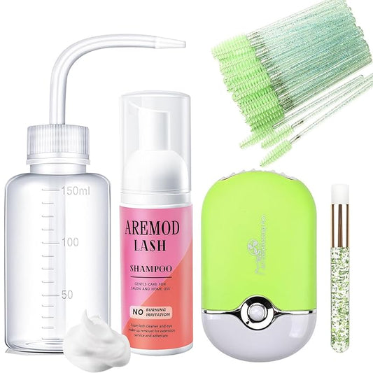 Lash Extension Cleanser, Lash Shampoo Cleaning Kits with Lash Fan, 60ml Lash Shampoo,Cleaning Brush and Wash Bottle for Lash Bath(Green)